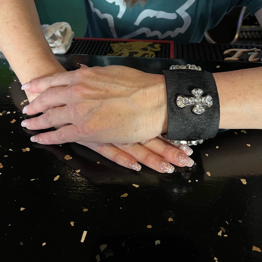 Rhinestone cuff bracelet black leather wrap bracelet.
